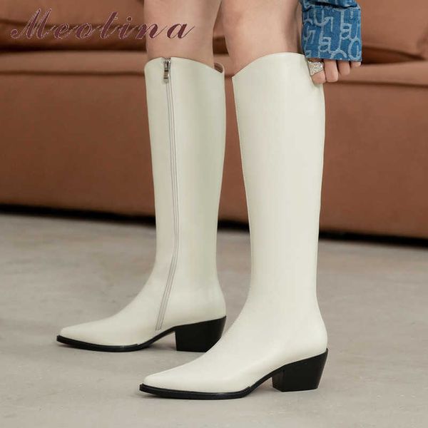 

meotina western boots women shoes real leather high heel knee high boots pointed toe thick heels zip long boots lady brown 40 210608, Black