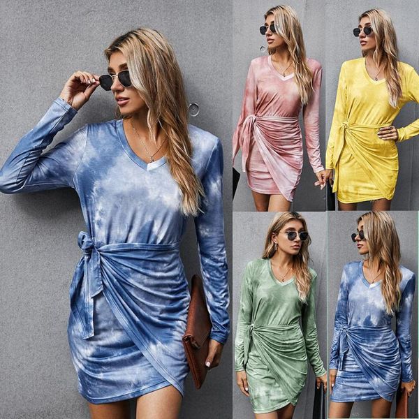 

casual dresses 2021 spring solid color contrasting tie-dye dress women long sleeve v-neck thin mini for, Black;gray
