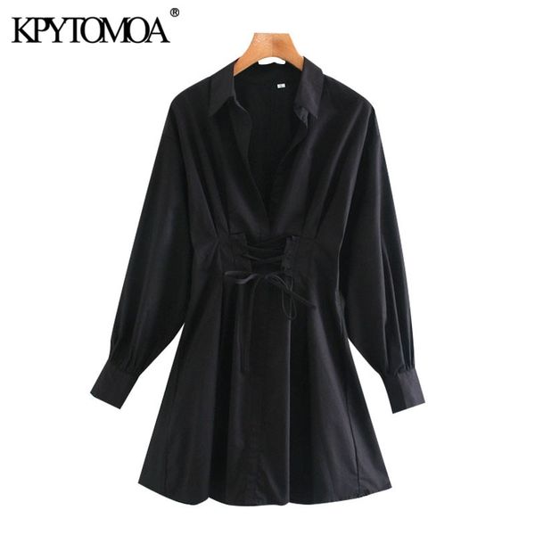 

kpytomoa women 2021 chic fashion with drawstring tied pleated mini dress vintage long sleeve back zipper female dresses mujer, Black;gray