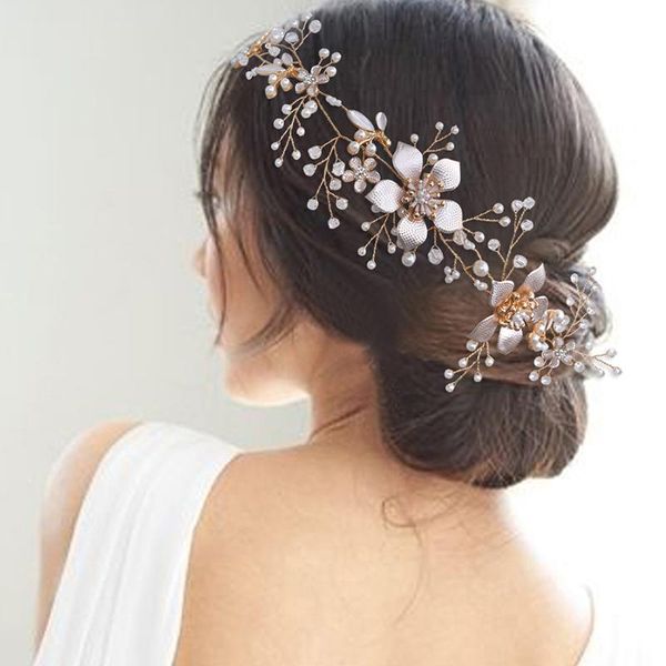

hair clips & barrettes vintage gold flower headbands pearls crystal hairband long handmade wedding accessories prom party girl vine jewely, Golden;silver