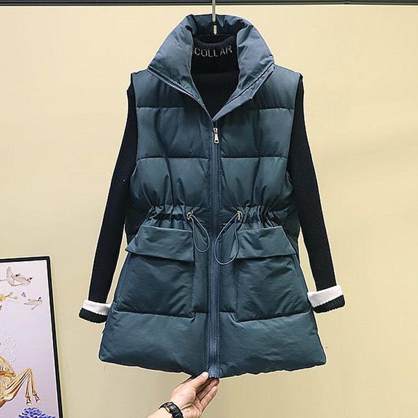 

women's vests 2021 korean waistcoat solid color stand collar drawstring big pocket thickened long down cotton vest women parka jacket k, Black;white