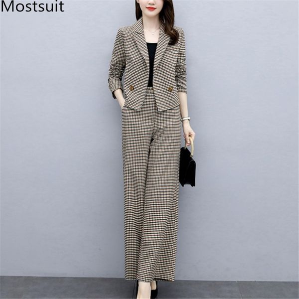 

autumn korean fashion plaid women two piece pants suits sets long sleeve coat + wide leg outfits elegant 210518, White
