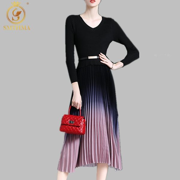 

spring women's long-sleeved elegant knitted sweater dress pleated gradient chic dresses vestidos belt 210520, Black;gray