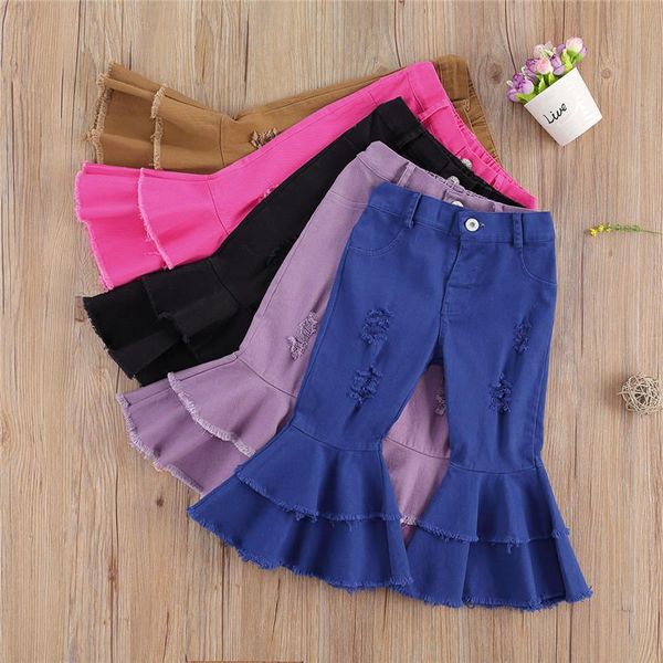 

children girls jeans toddler baby kids clothes bell bottom hole ripped ruffles flare denim pants trousers, Blue