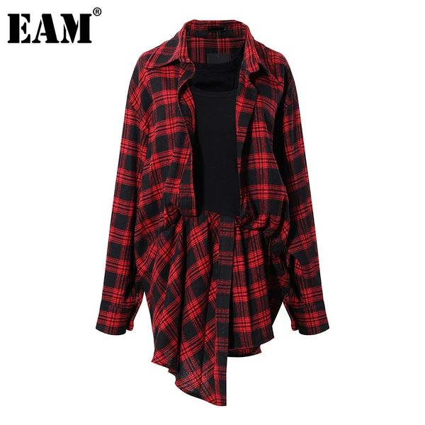 

[eam] women red casual plaid irregular fake two pieces big size dress lapel long sleeve loose fashion spring autumn 1dd5926 210512, Black;gray