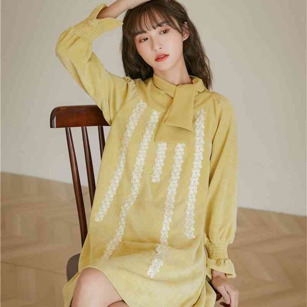 

casual dresses autumn yellow long sleeve women patch bow tie neck knee length ladies classy korean fashion clothing zgb8, Black;gray
