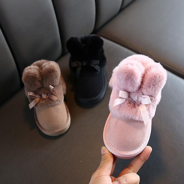 

boots rabbits ears girls suede toddler winter warm fur shoes for girl bow band baby snow kids footwear c11181, Black;grey