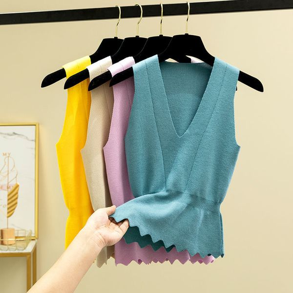 

women's knits & tees 2021 women autumn winter solid waistcoat lady ruffles v-nevk sleeveless knitted sweater vest female loose slim cas, White
