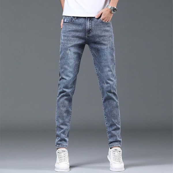 

men's jeans fashion light color stretch casual straight slim fit multicolor skinny men cotton denim trousers, Blue