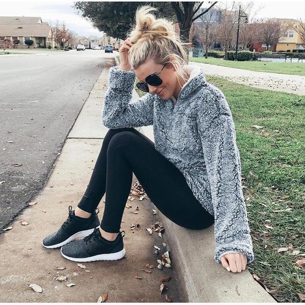 

women's hoodies & sweatshirts lambswool furry sweatshirt coral fleece warm solid turn down collar women 2021 autumn winter loose pullov, Black