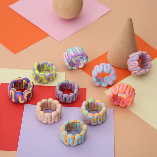 

wedding rings aomu 1pc bohemia colorful stripe geometric wide for women handmade ceramic clay 2021 ins trendy jewlery gifts, Slivery;golden