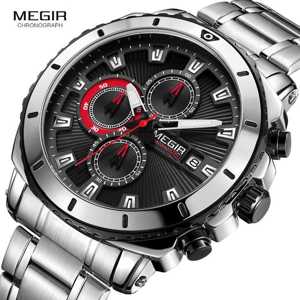 

wristwatches 2021 megir sport watch men quartz wristwatch date chronograph waterproof steel strap male clock relogio masculino, Slivery;brown