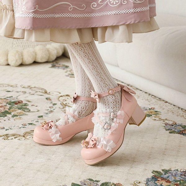 

dress shoes ippeum girls sweet lolita ruffles bowknot lace bridal wedding women high heel bordered princess, Black