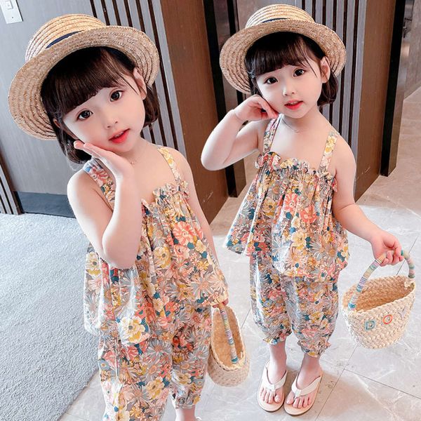 

net red girl's suspender floral suit summer fashionable two piece children's, White