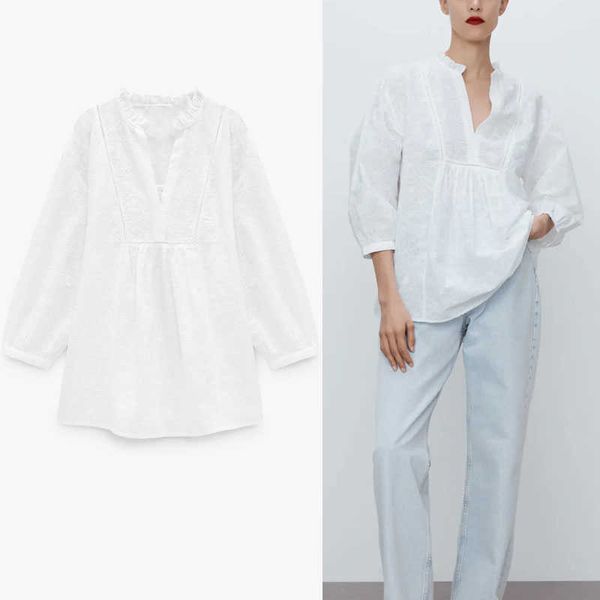 

za white embroidered blouse women puff sleeve front lace inserts spring blouses woman fashion pleated vintage loose 210602