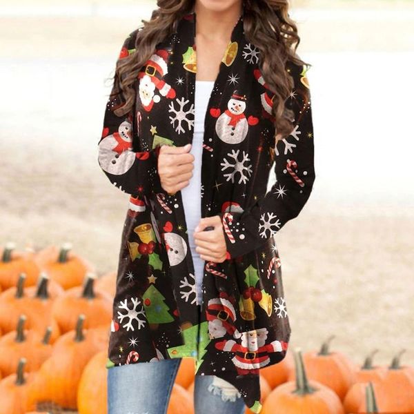 

women's jackets womens christmas snowman print open coat front long sleeve loose flowy hem cardigan thin jacktes for female clothes, Black;brown
