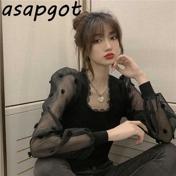 

black knitted patchwork square neck lantern sleeve blouse short women appliques blusas mujer party shirt retro 210610, White