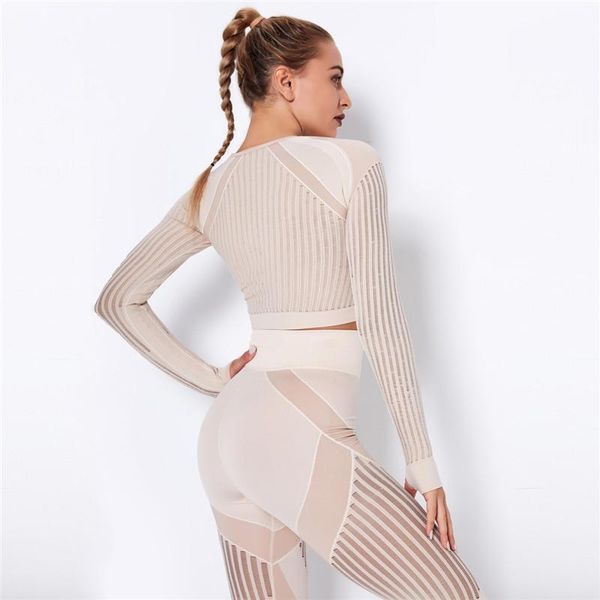

two -piece hollow out sports shirts seamless crop long sleeve fitness yoga gym workout outfit