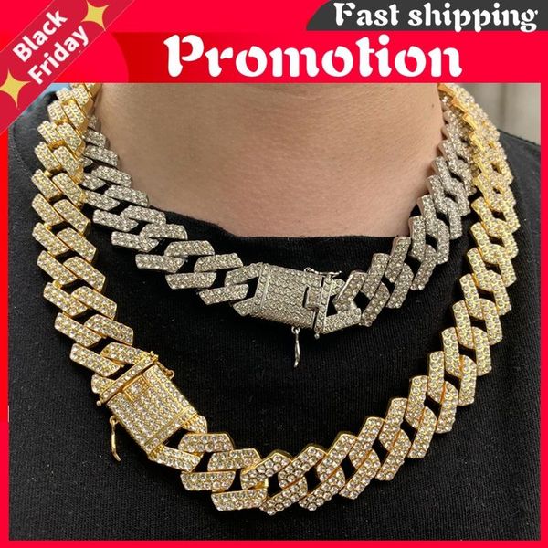 

chains hop 1set 20mm gold heavy miami prong full iced out paved rhinestones cuban chain cz bling rapper necklaces for men jewelry, Silver