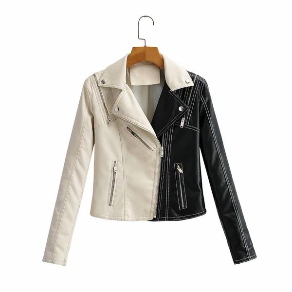 

women's leather & faux women bike moto jacket 2021 spring autumn motorcycle coat woman patchwork color black white pu outwear fall