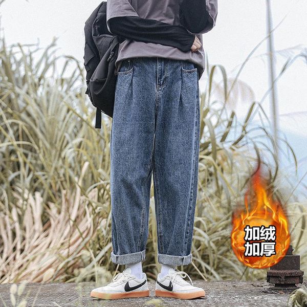 

men's jeans winter thick baggy men velvet korean straight wide leg pants male elastic waist warm denim fashion streetwear, Blue