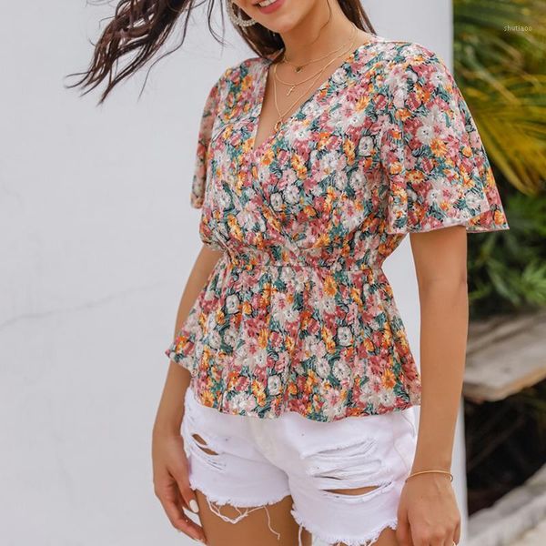 

women's blouses & shirts bohemia floral print v neck casual women summer beach boho daily holiday streetwear chiffon england blusa, White