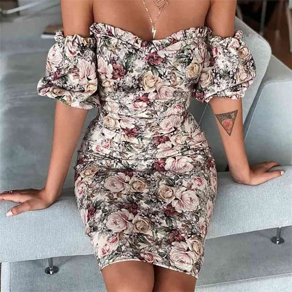 Fora do ombro impressão floral vestido de verão mulheres manga curta mini praia boho bodycon babous sundresss flor vintage 210427