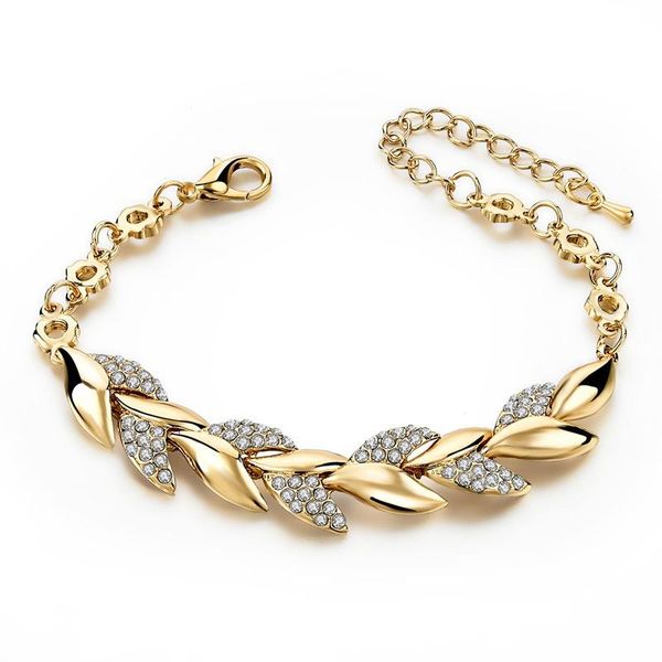 

link, chain 18k gold plated leaf bracelet diamond inlaid fashion jewelry, Black