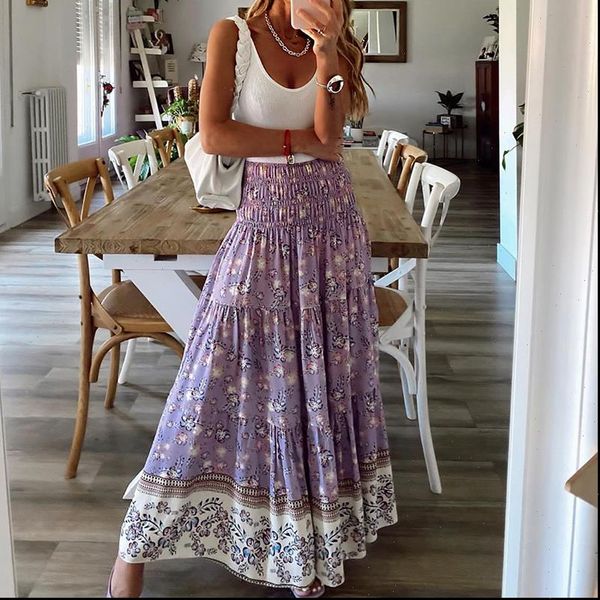 

elastic waist boho beach polyester womens skirts purple floral print summer long ladies female casual maxi falda, Black