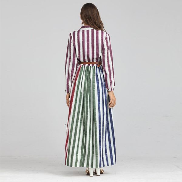 

dress elegant seqinyy 2021 spring fashion design female sleeve long vertical colored stripes bohemian belt, Black;gray