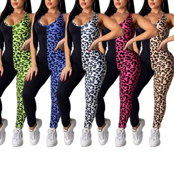 

women's jumpsuits & rompers fashion women jumpsuit sleeveless u-shaped neck leopard print romper cross back playsuits sports patchwork, Black;white
