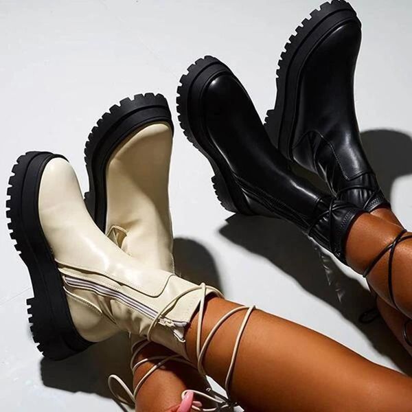 

boots 2021 women platform shoes warm winter fashion mid-calf ladies ankle female leather booties woman, Black