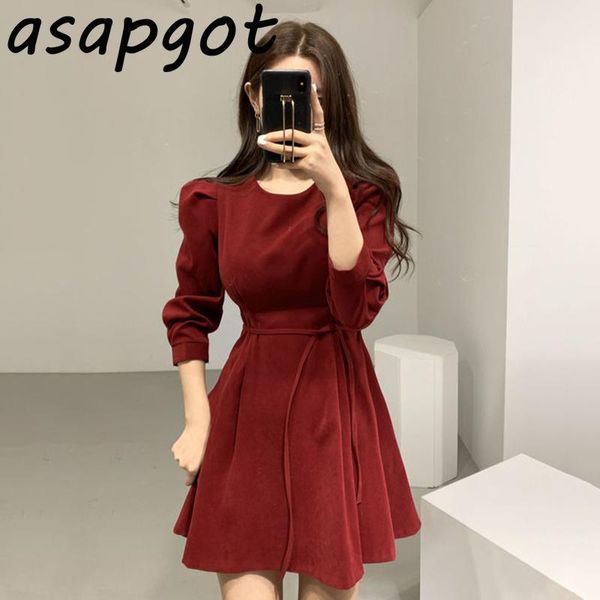 

casual dresses chic korean vintage lace up waist puff long sleeve red dress mini belt fashion autumn temperament loose vestido de mujer, Black;gray
