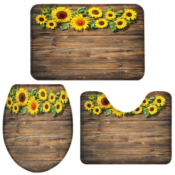 

bath accessory set sunflower leaves retro wooden board bathroom toilet cover mat pedestal rug non-slip accessories doormat