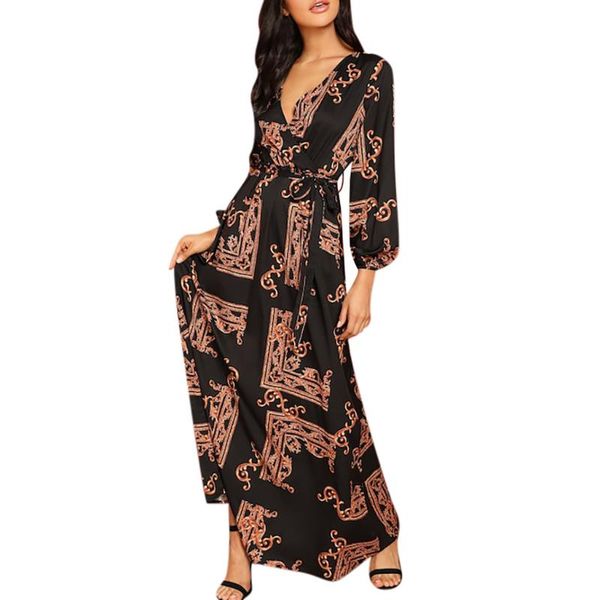 

#z25 summer dress women v-neck beach boho lantern long sleeve sashes maxi dresses plus size vestidos robe femme casual, Black;gray