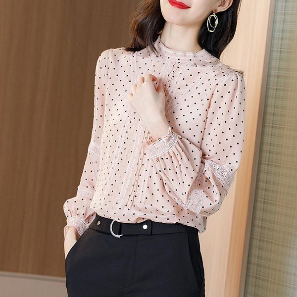 

women's blouses & shirts 2021 polka dot silk shirt ladies spring western temperament long-sleeved stand-up collar mulberry loose, White