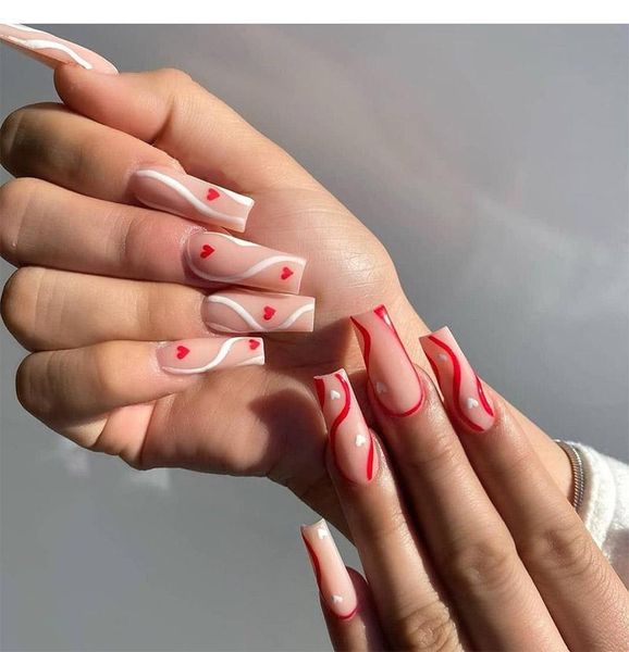 

false nails 24pcs long french pink wave design fake hit color ballet blue purple nail art tools press on summer style, Red;gold