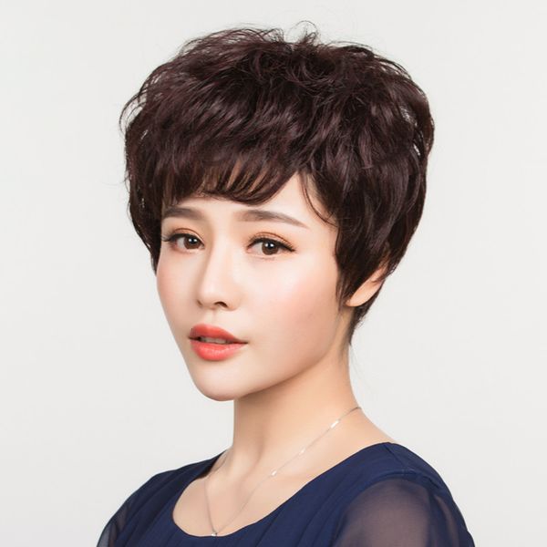 

cover wig female short curly lady middle-aged and elderly mother real hair natural fluffy chemotherapy head, Black