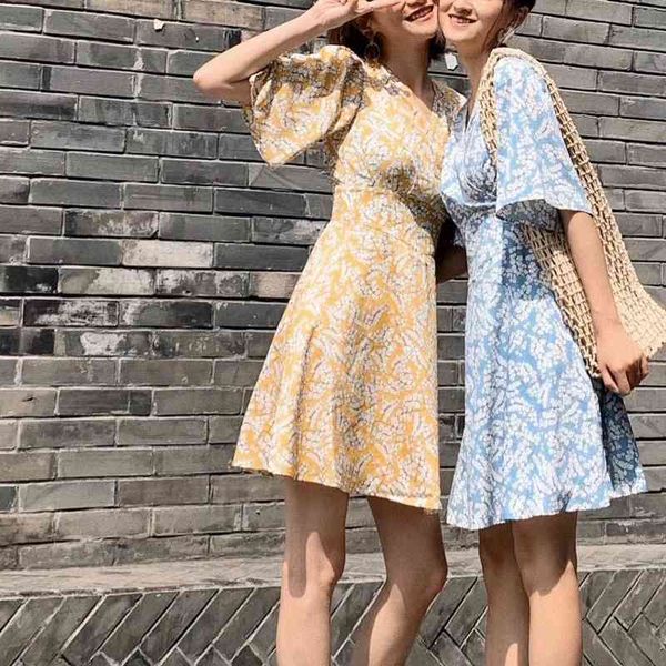 

summer v-neck print dress for women fresh knee-length vestidos de mujer slim waist short sleeve woman dresses 210514, Black;gray