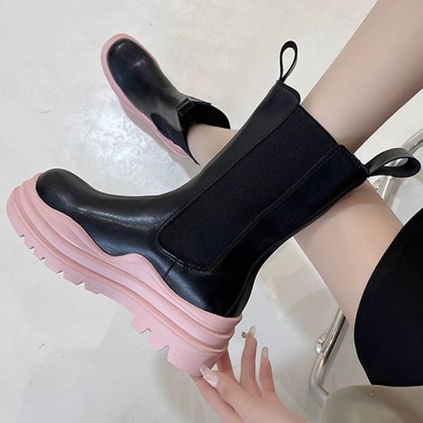 

dress shoes women chelsea ankle boot pu leather autumn short boots thick platform fashion women's lady slip on casual 2021 female, Black