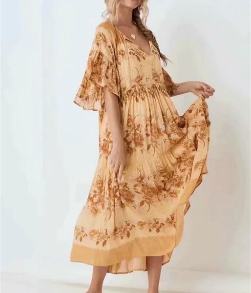 

casual dresses happie queens women floral print bat sleeve beach long bohemian maxi dress ladies v neck tassel boho vestidos, Black;gray