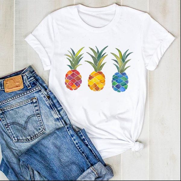 

women womens t shirt lady pineapple plaid fashion fruit beach ladies summer tee female clothes graphic, White