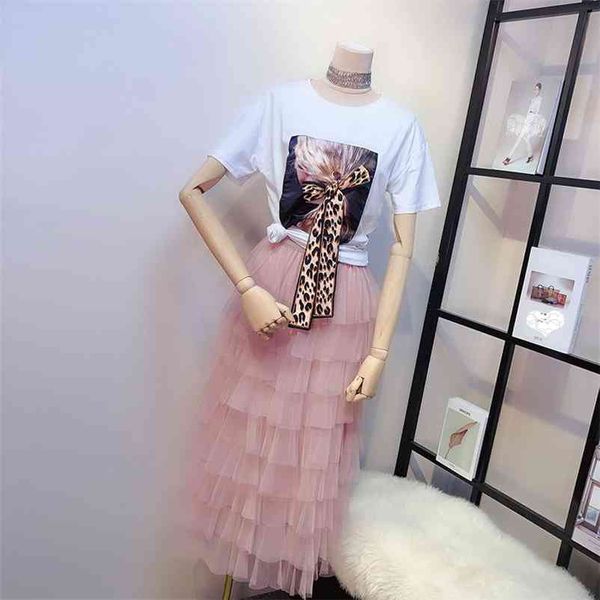 

summer women shorts sleeves leopard bow t-shirt + mesh layered skirt 2 pcs sets fashion skirts suits a732 210519, White