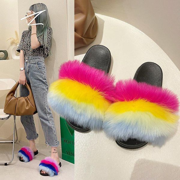 

summer ladies luxury high imitation fur slippers fluffy outdoor home non-slip giris entertainmet, Black