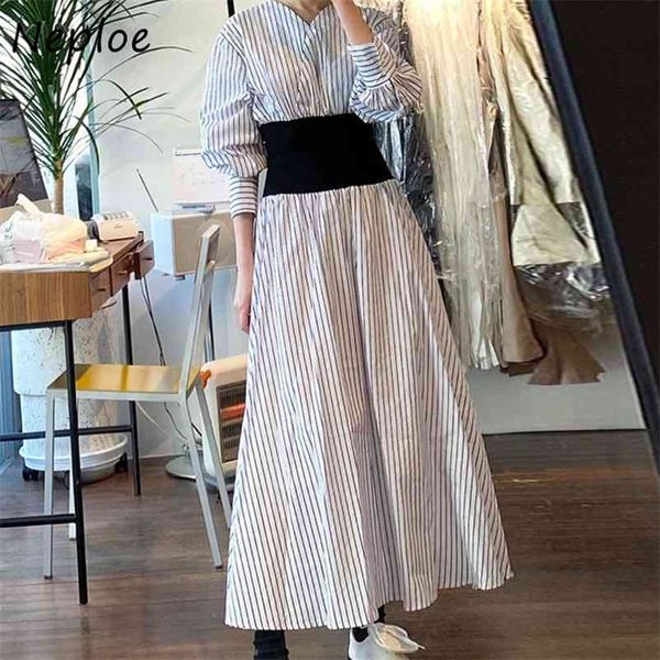 

hit color patchwork striped dress women high waist hip a line long vestidos v neck sleeve pullover robe spring 210422, Black;gray