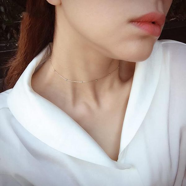 

chokers 100% 925 sterling silver small ball choker necklace flyleaf simple personality fashion jewelry short women -097, Golden;silver