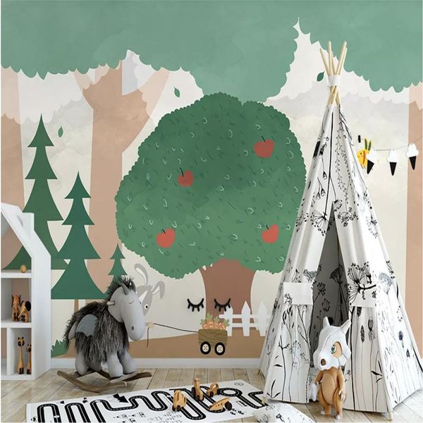 

wallpapers nordic hand-painted fresh green tree forest mural wallpaper for kids room cute children's interior background wall paper 3d
