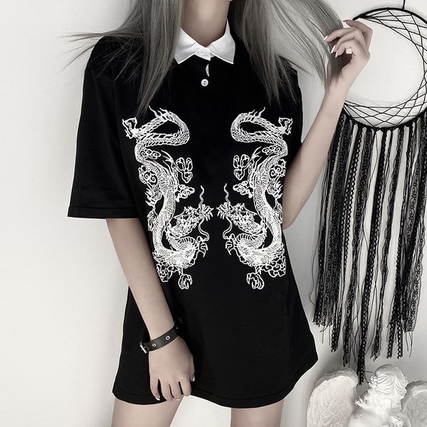 

goth dark dragon print vintage gothic female t-shrits spring 2021 egirl grunge punk emo y2k aesthetic harajuku tshirt women chic, White