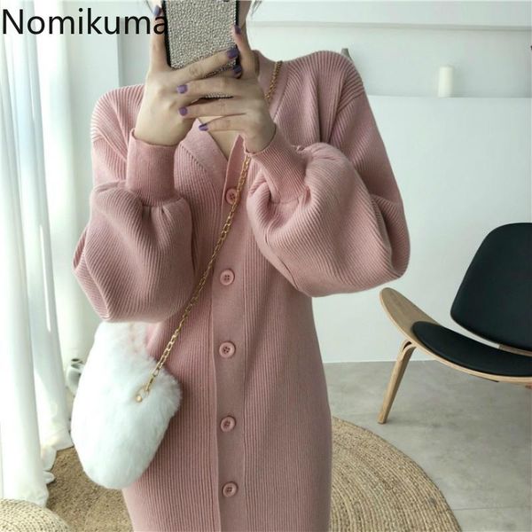 

nomikuma 2021 autumn winter v-neck single breasted sweater dress korean lantern long sleeve knitted dresses causal vestido 6d209 casual, Black;gray