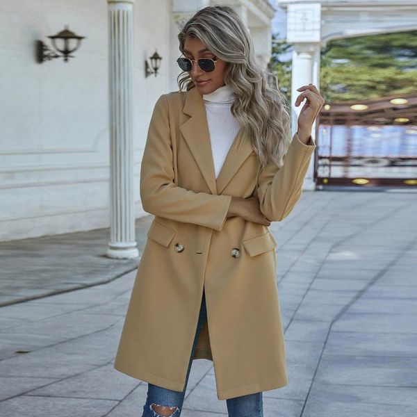 

women's wool & blends winter solid color long-sleeved casual woolen coat long fashion chic woman women jackets, Black